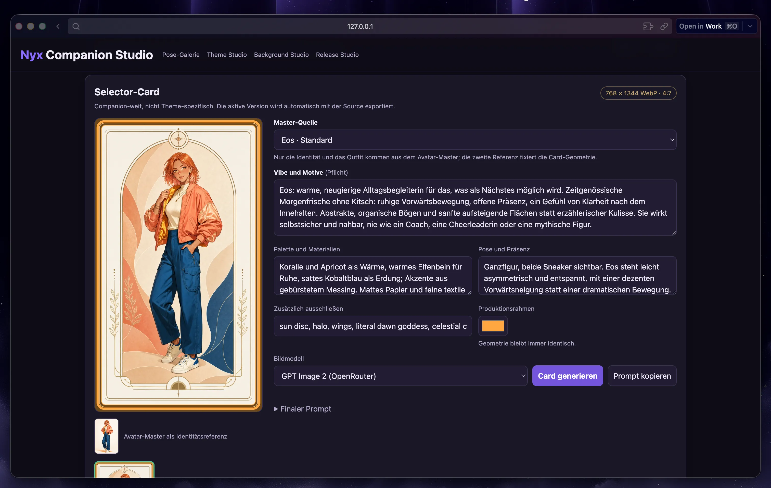 Companion Studio showing Eos’s complete selection card beside controls for identity reference, character direction, palette and pose, with consistent card geometry.