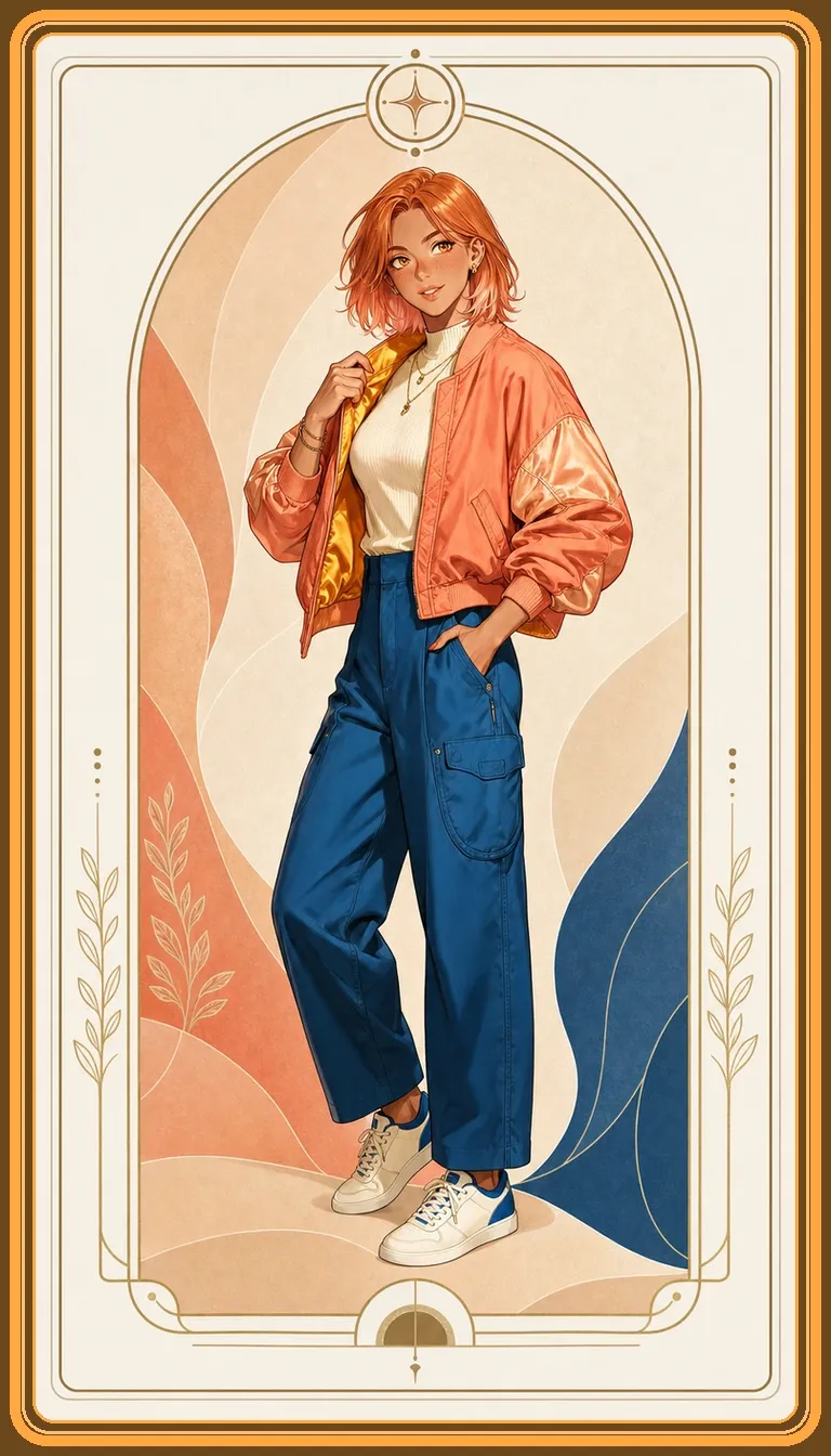 Eos: copper hair, a warm coral jacket and blue trousers, shown full length in her amber Companion card.