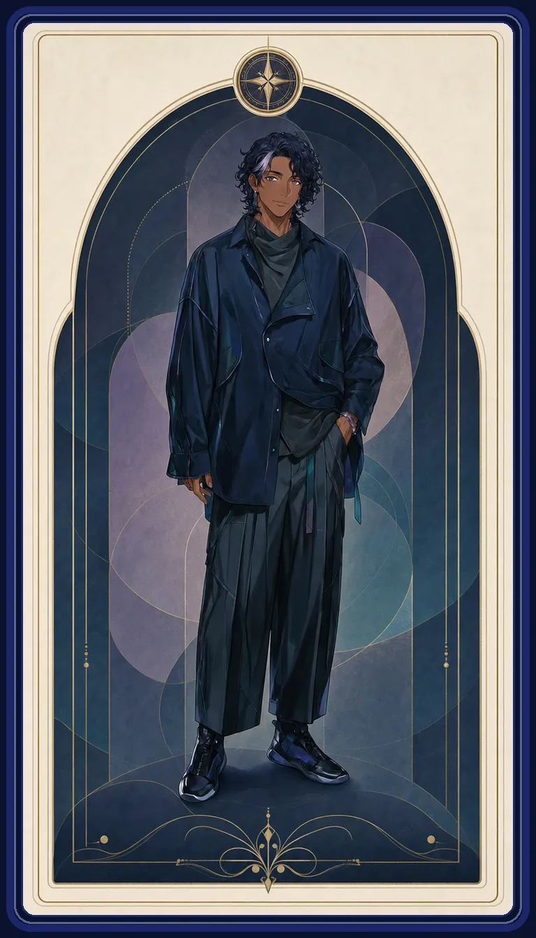 Morpheus: indigo curls with a lavender streak, a dark jacket and wide trousers, shown full length in his blue Companion card.