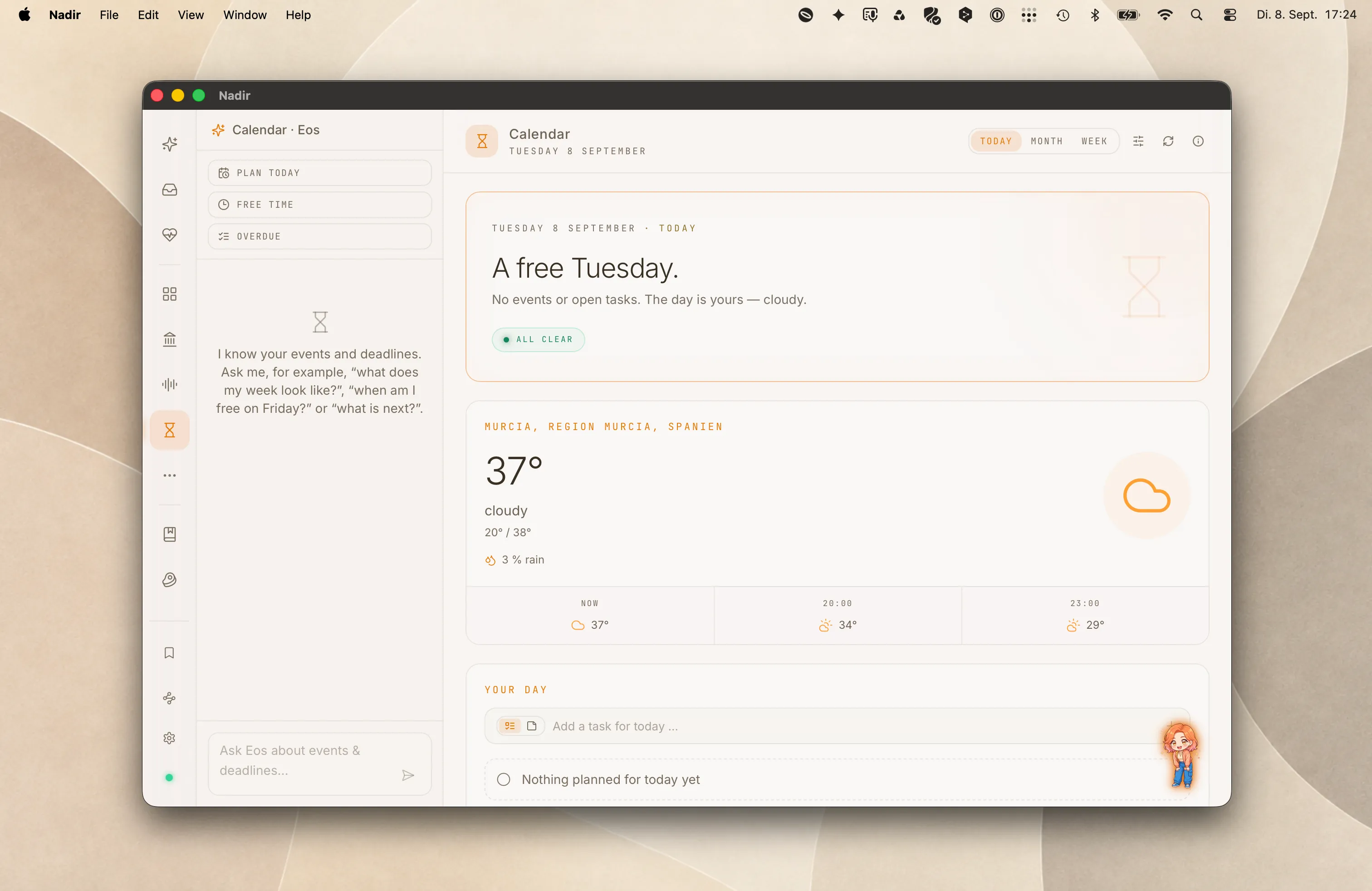 Nadir’s Calendar workspace on a day without events or open tasks, with weather, a task entry field and contextual prompts for Eos.