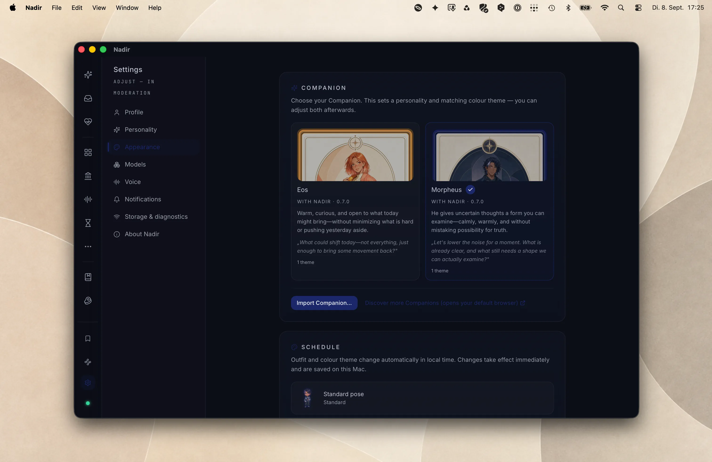 The same Nadir settings with Morpheus selected and his dark indigo theme applied.