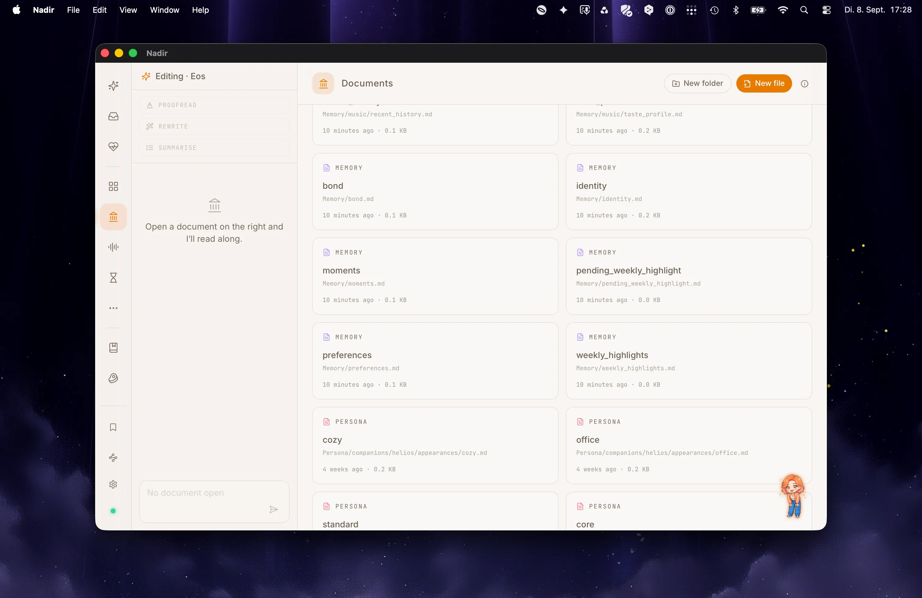 Nadir’s Documents workspace: memory and persona files on the right, with proofreading and rewrite actions waiting for a document to be opened.