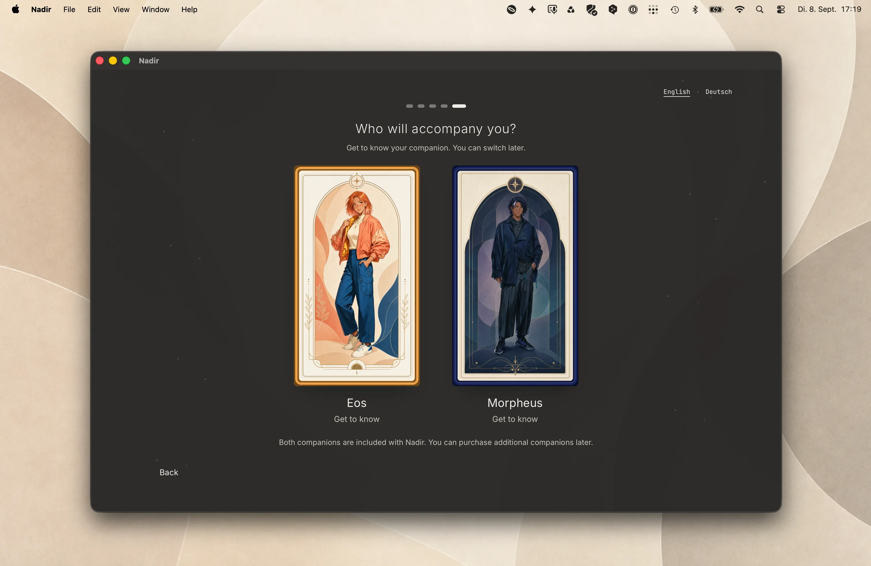 Nadir onboarding: full Eos and Morpheus cards under ‘Who will accompany you?’, with both companions included.