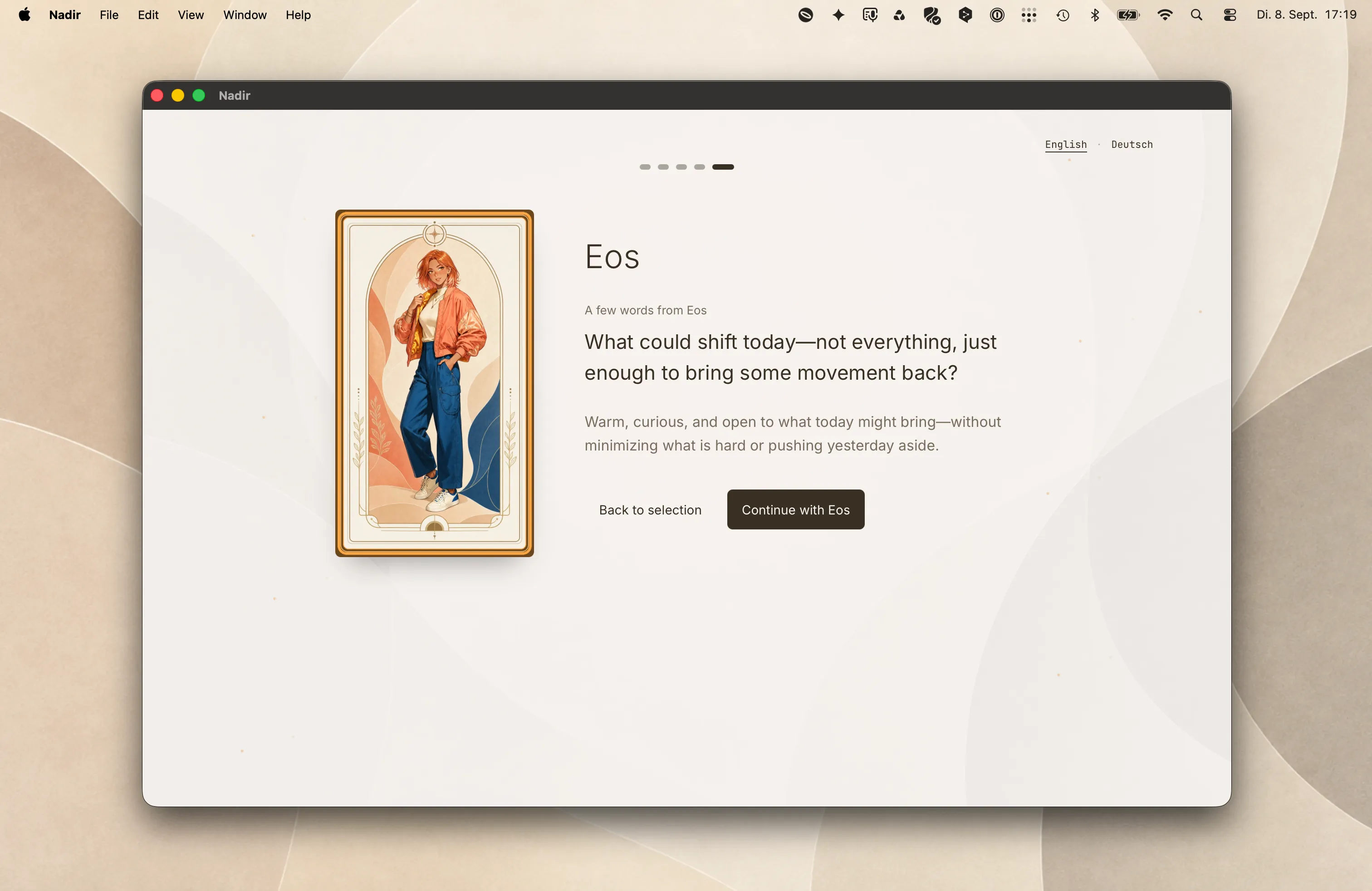 Eos’s onboarding introduction, showing her complete card, a line in her voice and separate controls to return or continue with Eos.