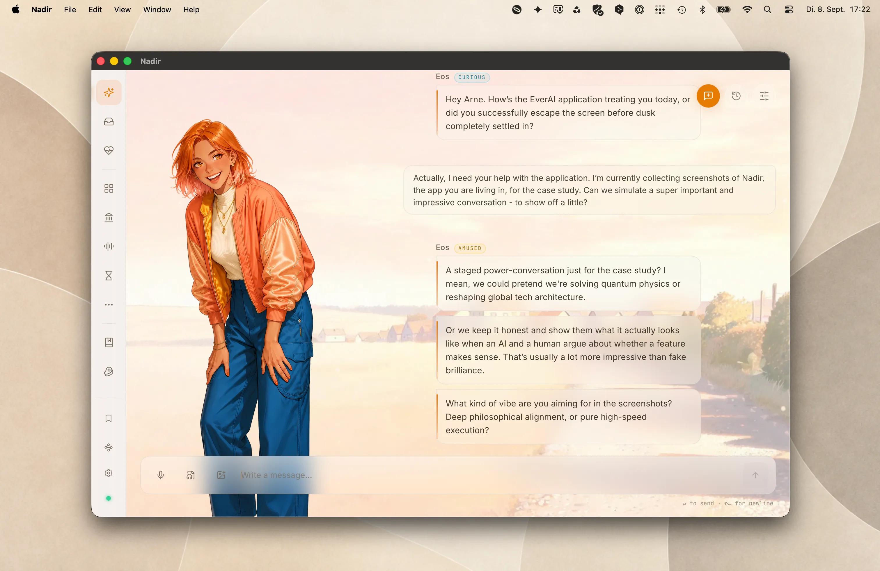 Nadir conversation with Eos: a large expressive avatar, curious and amused emotion labels, and a playful exchange about staging an impressive portfolio demo.