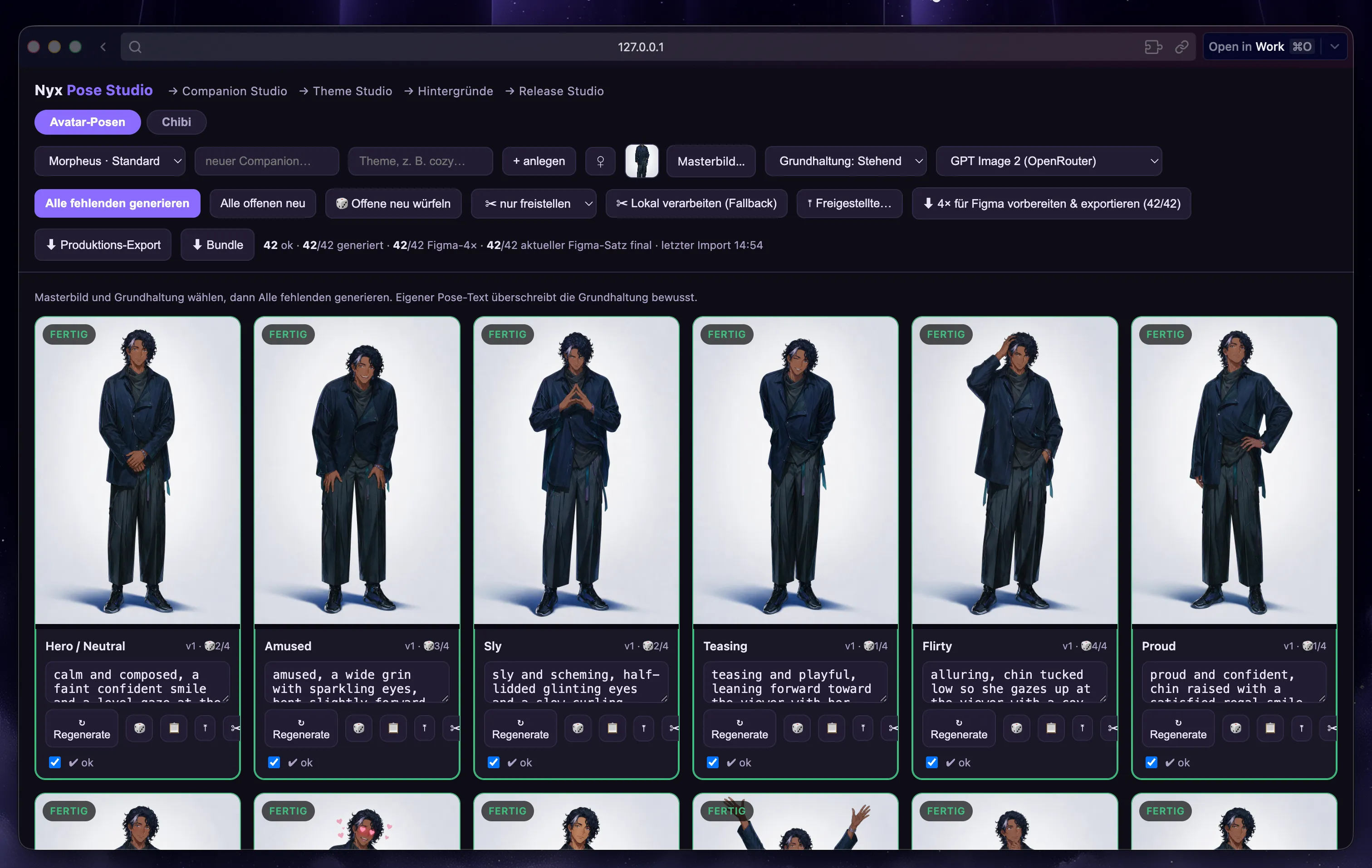 Pose Studio’s Morpheus gallery with individual expression prompts, regeneration controls, approval checkboxes and a completed 42-expression set returned from Figma.