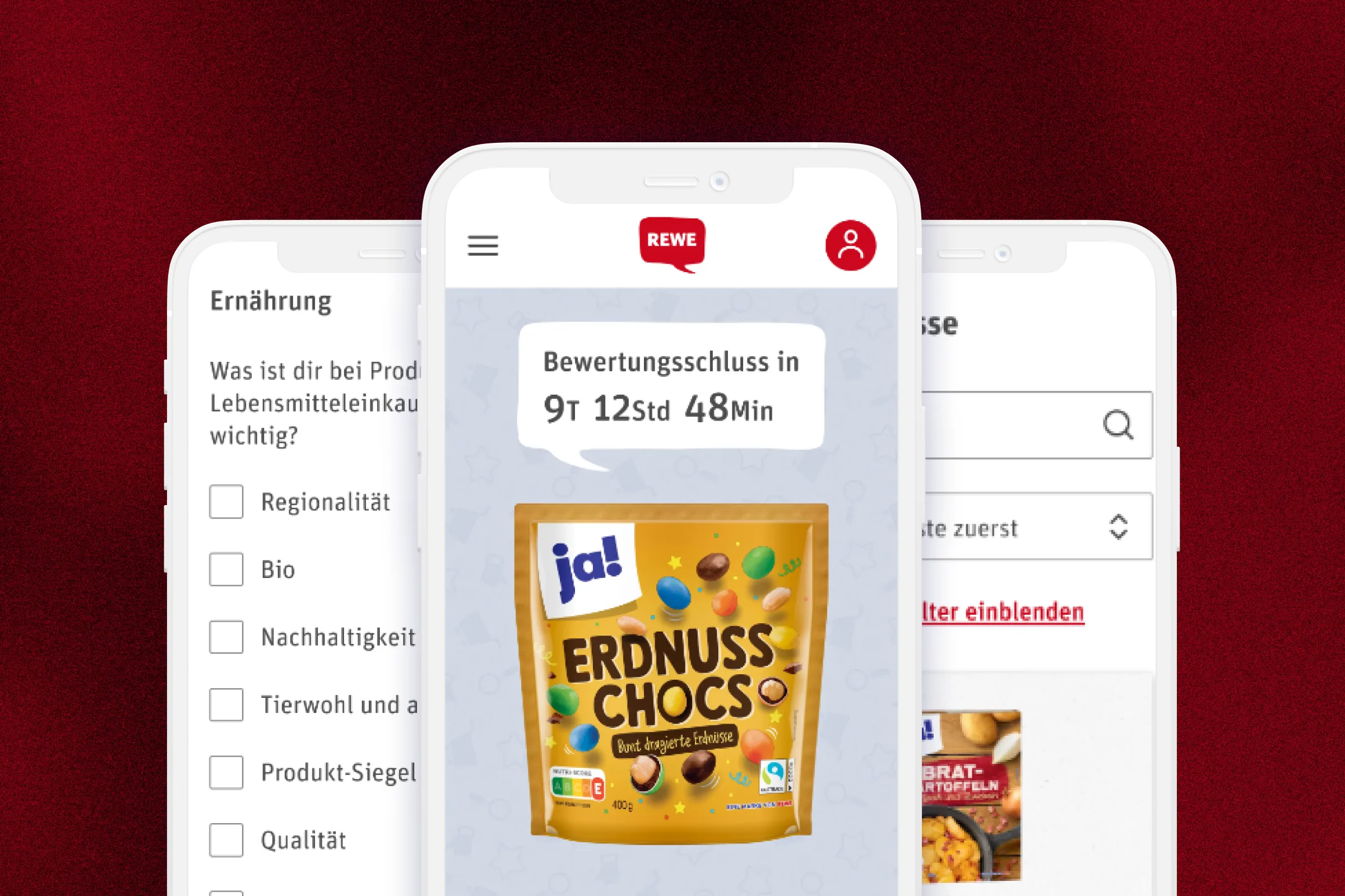 Three mobile REWE layouts showing product preferences, a campaign’s review deadline and results search with collapsible filters.