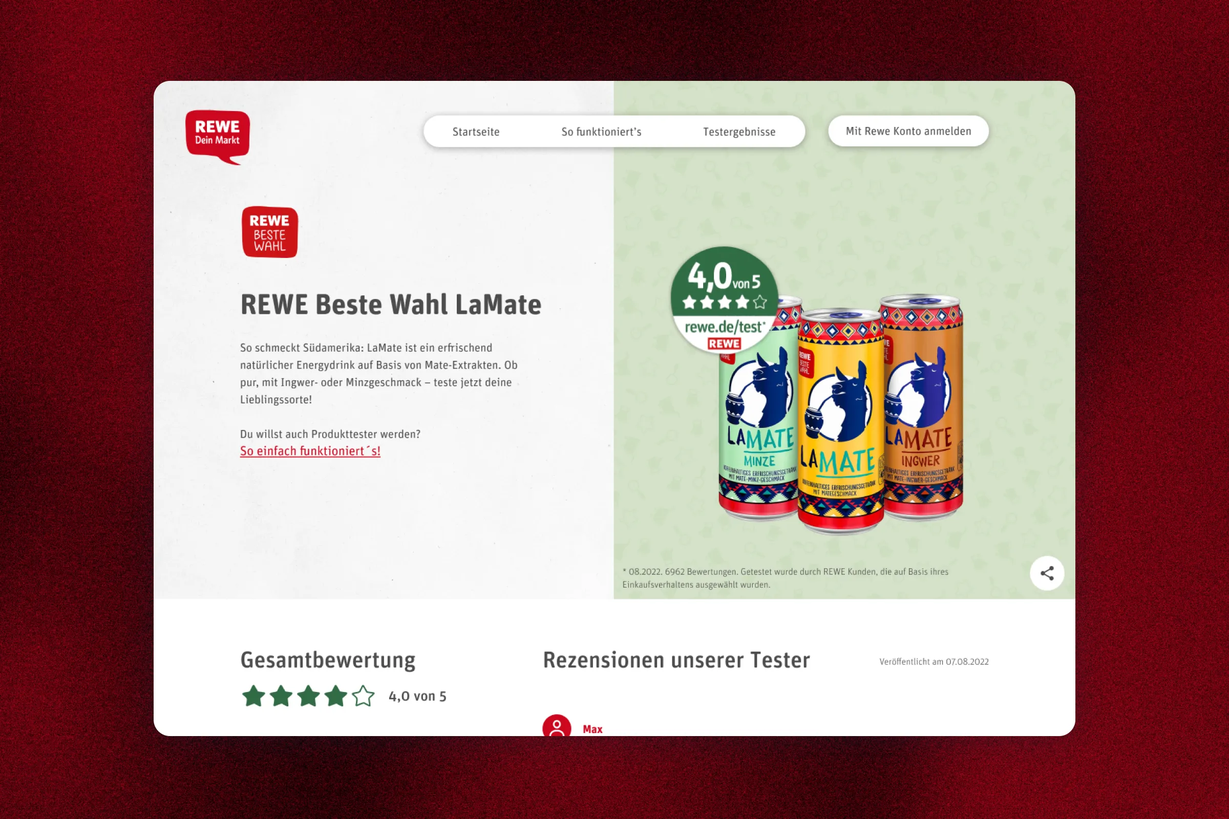 REWE Beste Wahl LaMate result page with brand imagery, an overall star rating, individual review content and a link explaining how to become a tester.