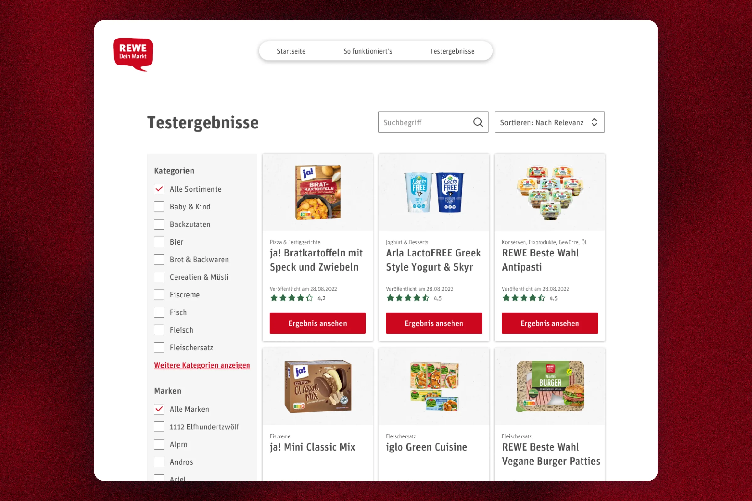 REWE test results overview with category and brand filters, a search field, sorting and rated product cards linking to individual results.