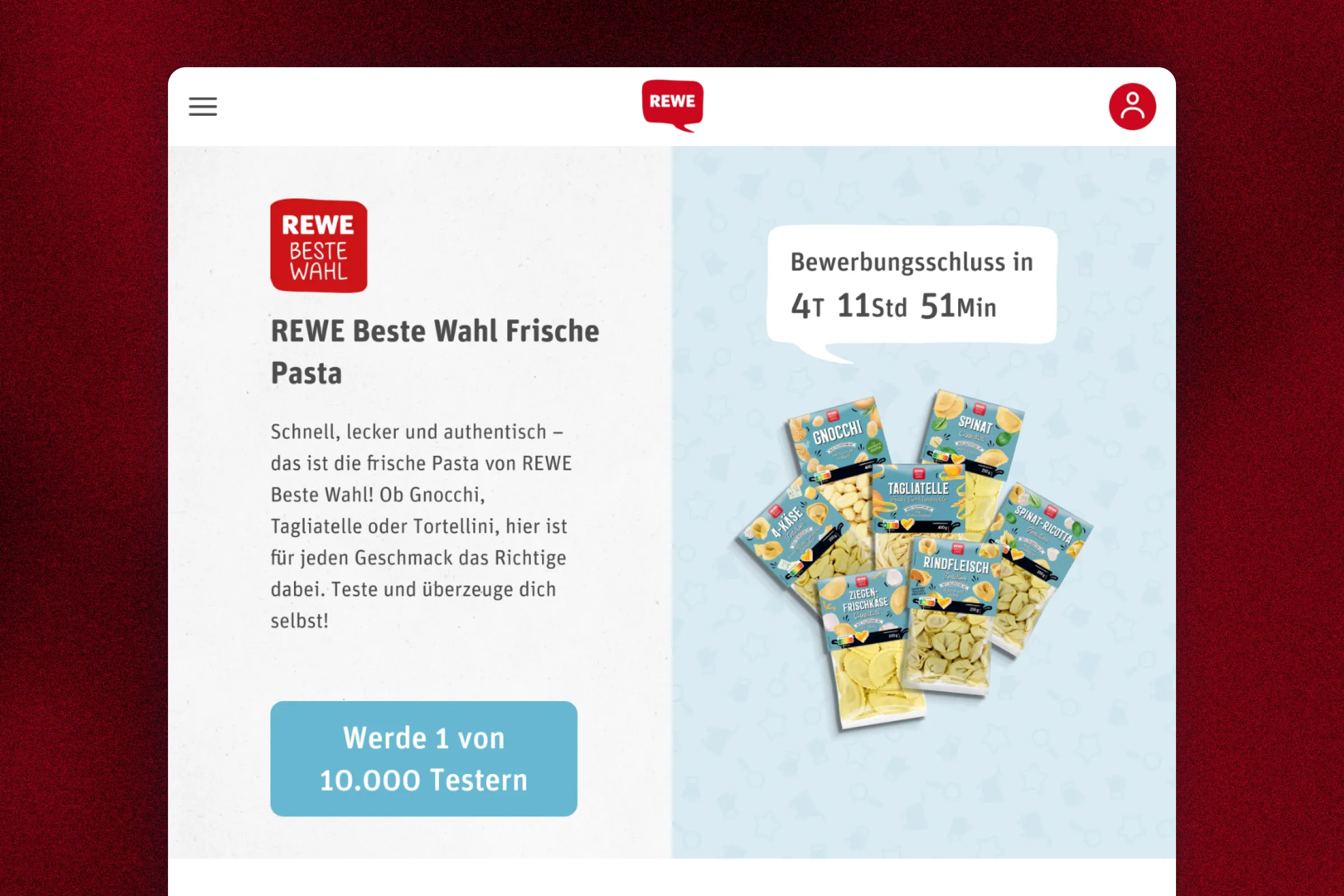 REWE Beste Wahl pasta test with product information, an application countdown and a prominent invitation to apply for one of the available tester places.
