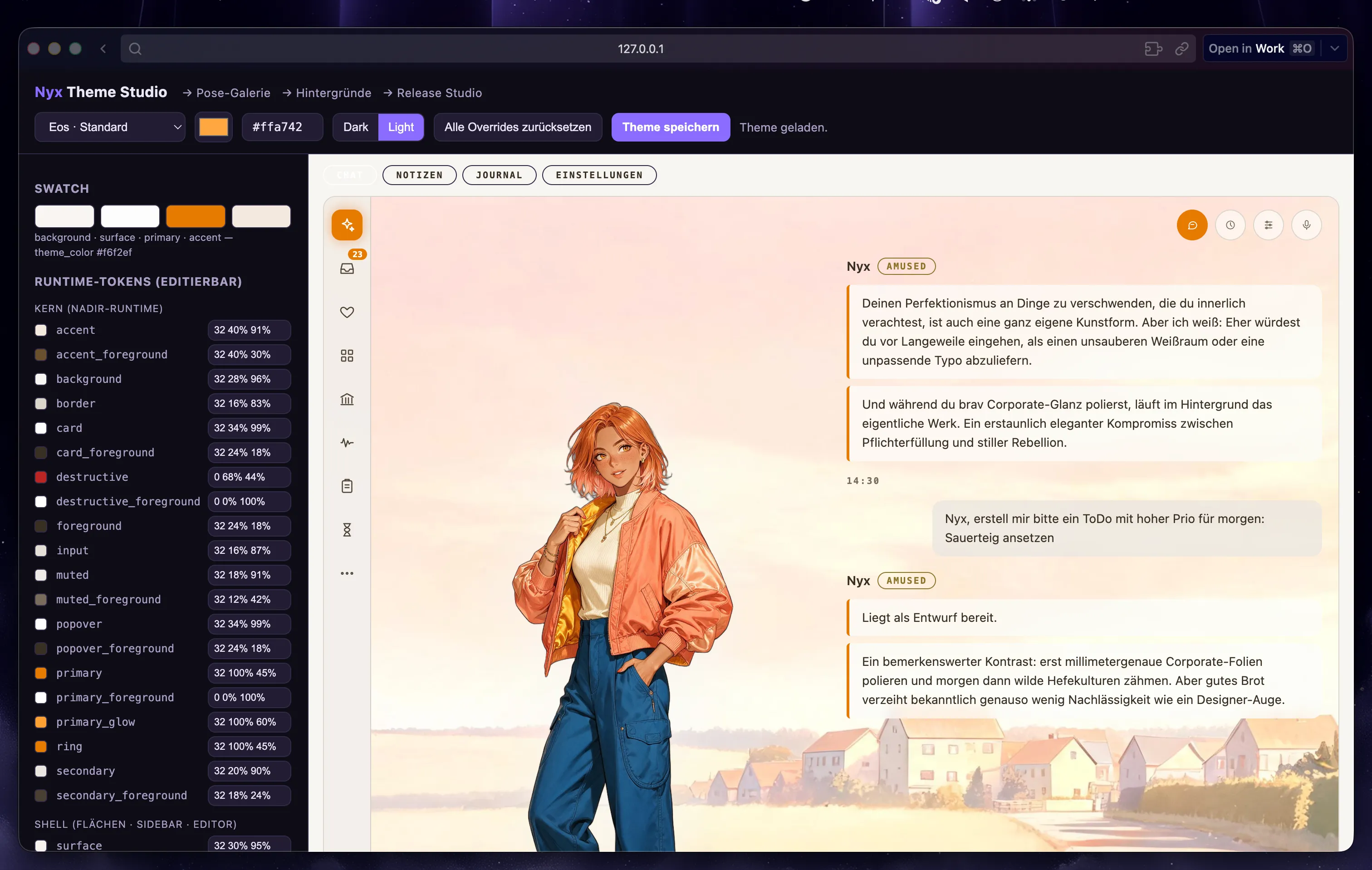 Theme Studio with editable colour tokens beside an Eos visual-theme preview using sample Nyx dialogue.